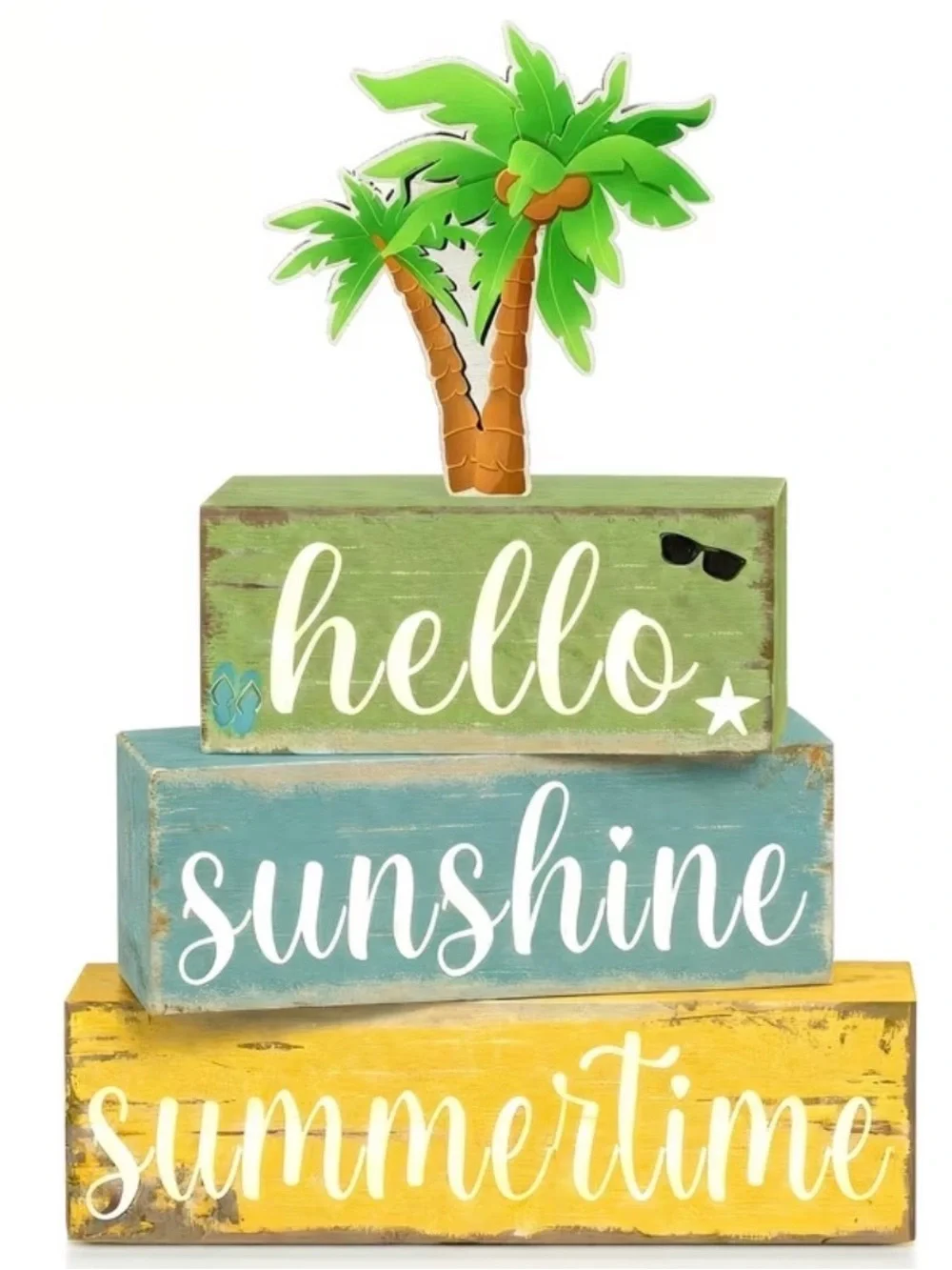 Hello Sunshine Summertime Decorative Wooden Stack - Green/Blue/Yellow